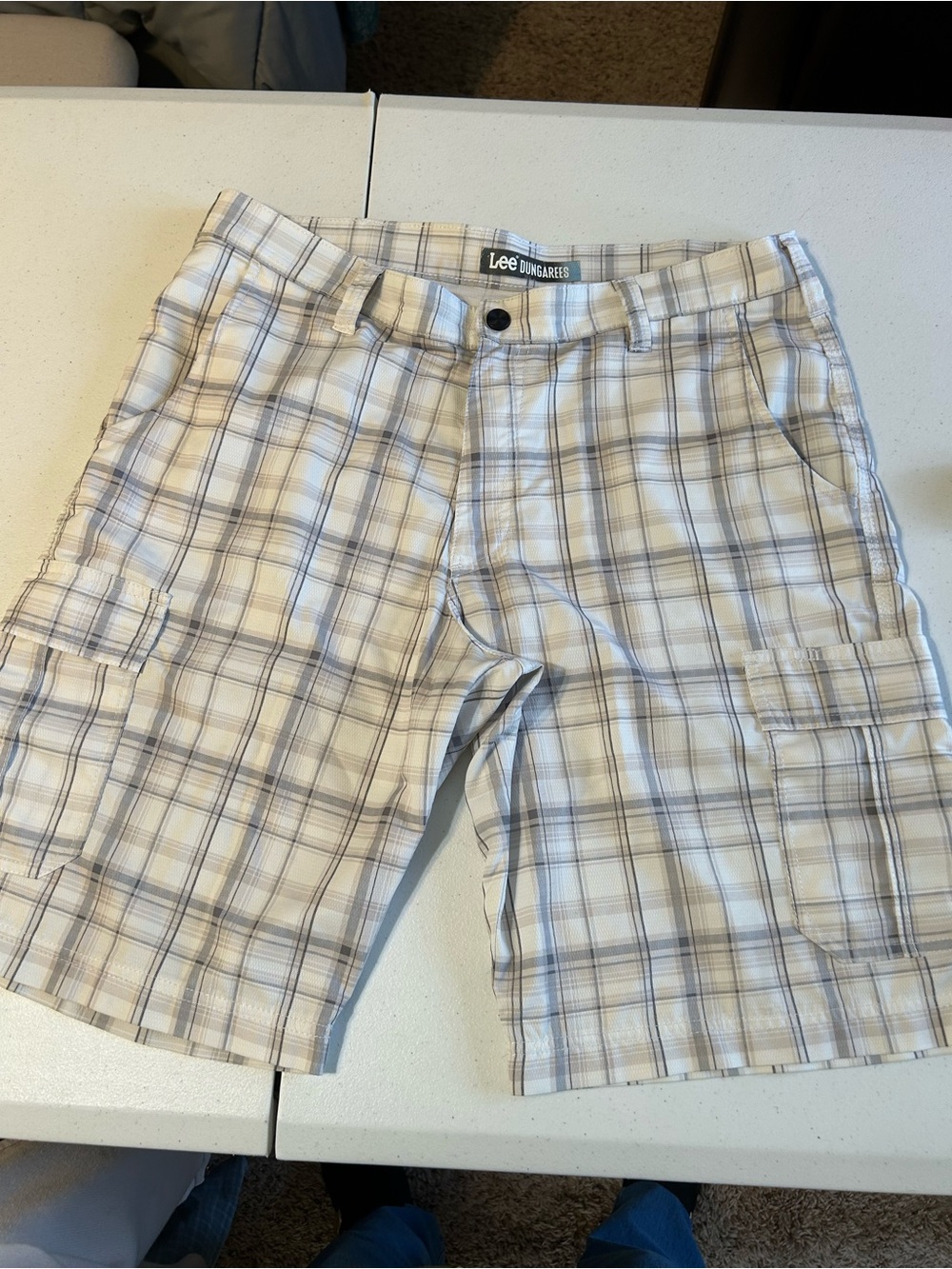 Lee Men’s Plaid Cargo Shorts in Beige and Blue
